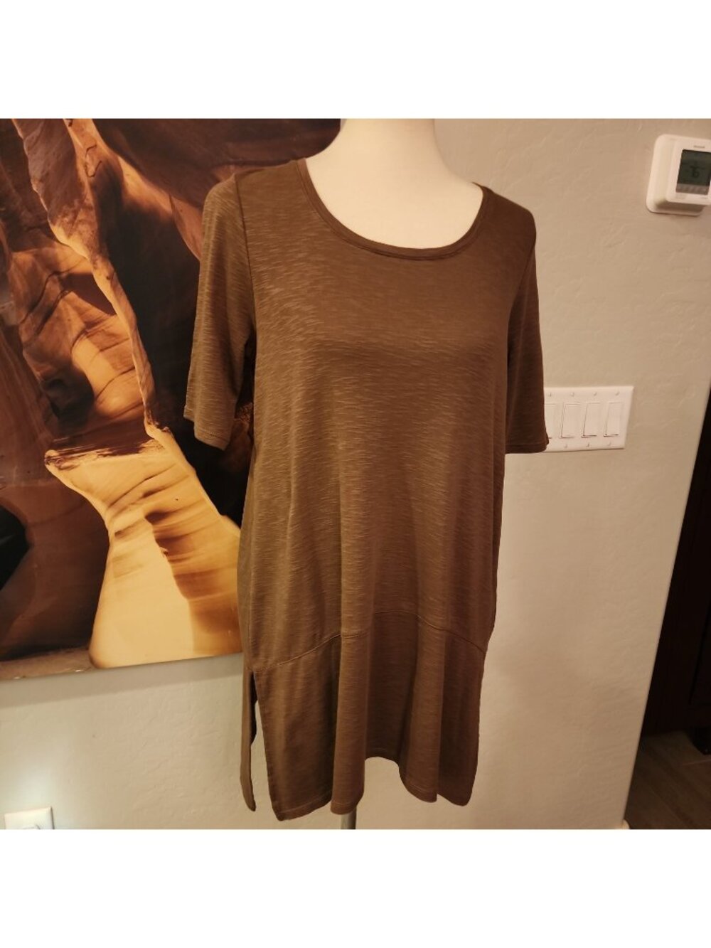 J Jill Pima Dipped-hem Tunic Cotton Shirt Small Brown Short Sleeve
